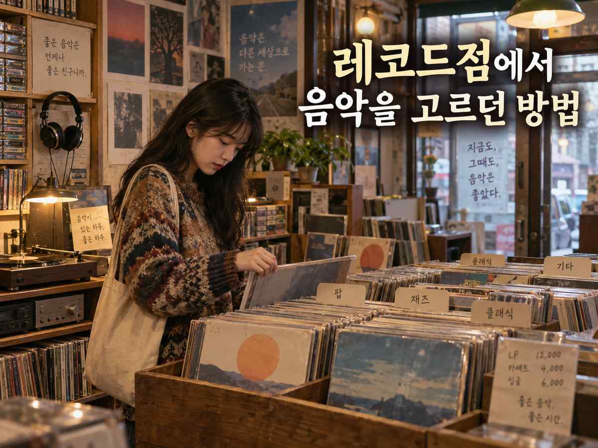 옛 레코드점에서 한 여성이 LP 음반 진열대를 살펴보며 음악을 고르는 모습