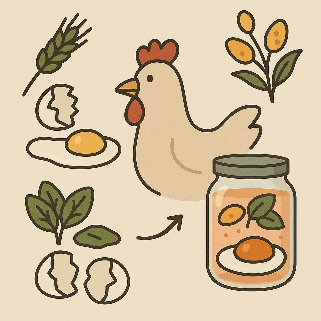 닭이-먹는-사료-종류에-따라-달걀-노른자의-색이-달라질-수-있음을-시각적으로-표현한-이미지
