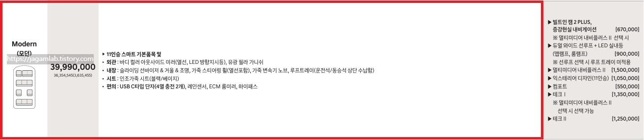 더 뉴 스타리아 하이브리드 투어러 11인승 모던 가격표