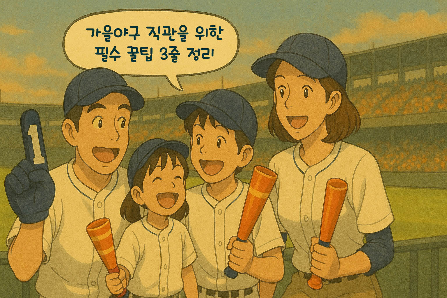 &amp;quot;가을 야구 직관을 온 가족이 야구 유니폼과 모자를 쓰고 즐겁게 응원하는 지브리풍 일러스트. 아버지는 &amp;#39;1&amp;#39; 응원봉을 들고&amp;#44; 아이들은 응원 배트를 흔들며 활짝 웃고 있다. 말풍선에는 &amp;#39;가을야구 직관을 위한 필수 꿀팁 3줄 정리&amp;#39;라는 문구가 적혀 있다.&amp;quot;