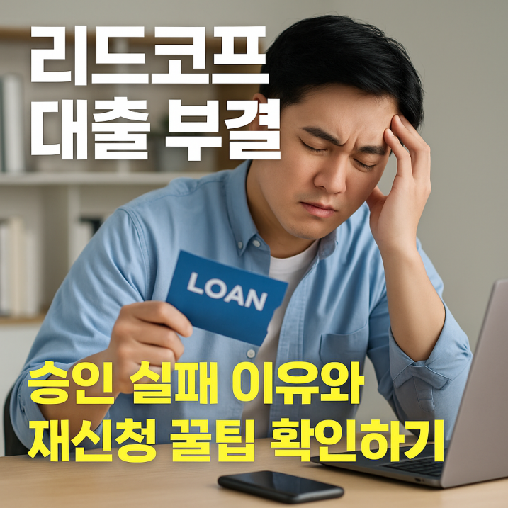서류를 들고 상담을 준비하는 동양인 남성의 실사 이미지와 함께 '리드코프 부결 사유 총정리 &ndash; 대출 안 되는 이유, 해결 방법까지'라는 문구가 강조된 정보성 썸네일