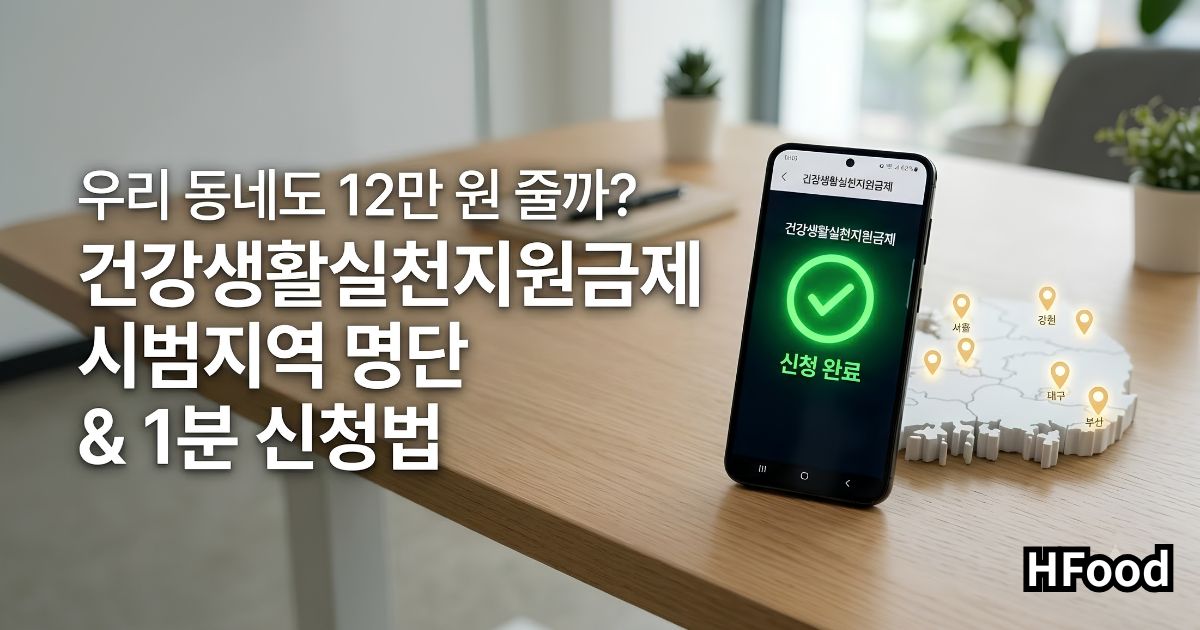 대한민국 지도 위에 건강생활실천지원금제 시범 지역 마커가 표시되어 있고 스마트폰 The건강보험 앱으로 간편하게 신청하는 모습