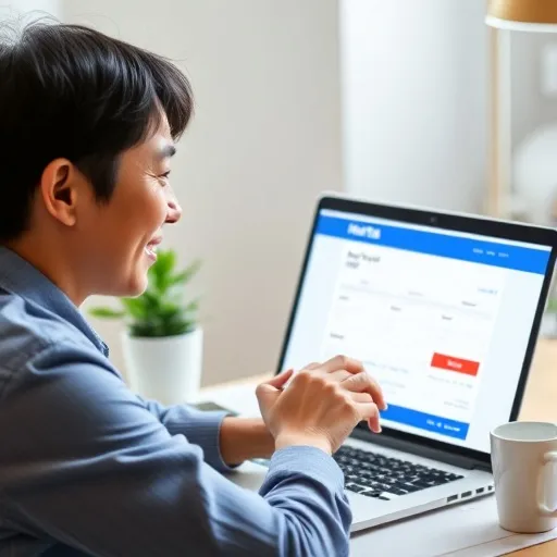 한 사람이 노트북 화면에 띄워진 노타 공모주 청약 화면을 바라보며 손을 가지런히 모으거나 잔잔한 미소를 짓는 모습입니다. 투자자들이 노타 공모주에 거는 기대와 희망적인 감정을 담아냅니다.