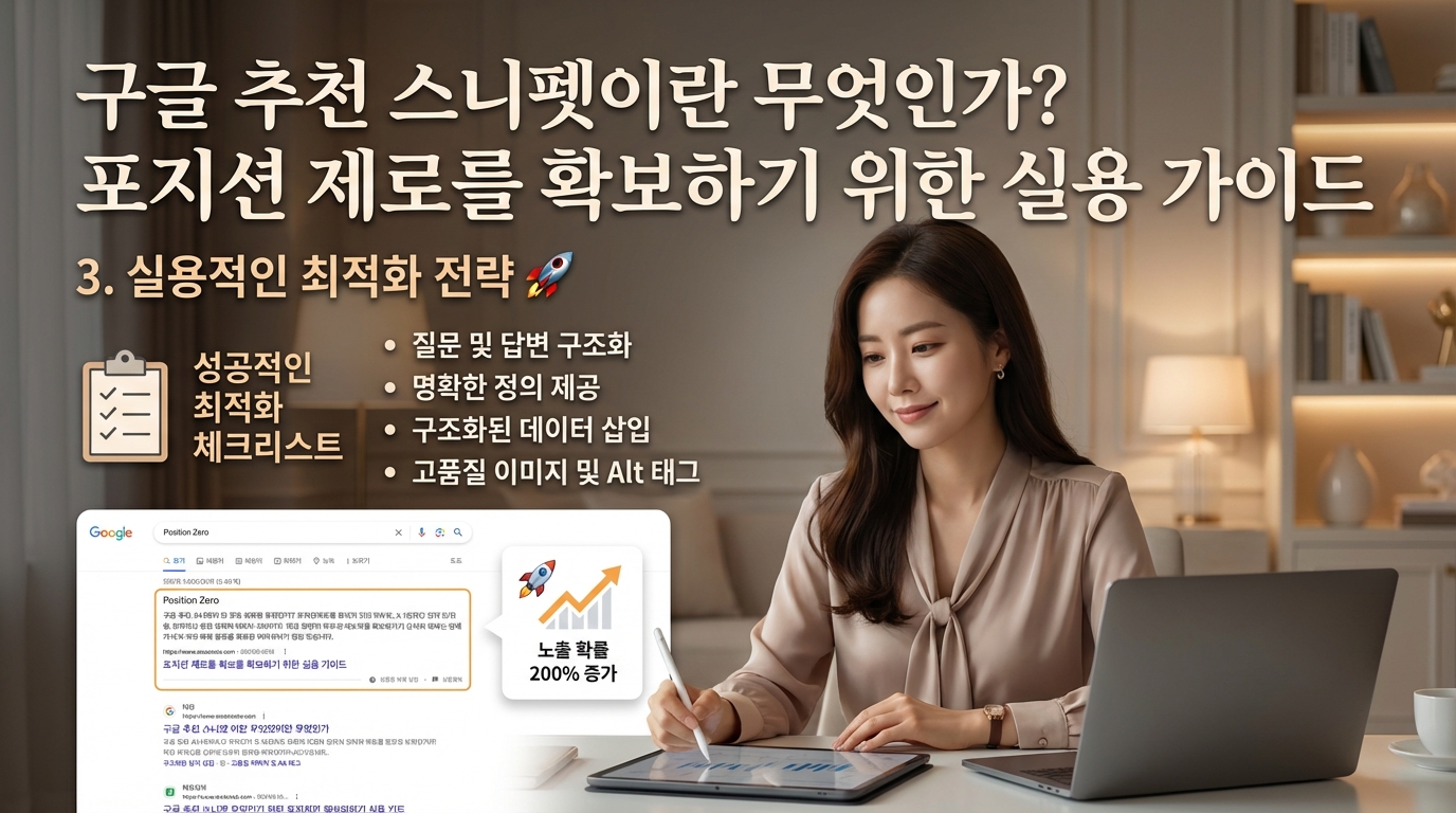 Alt 태그: 피처드 스니펫 노출 확률을 200% 높이는 실용적인 최적화 체크리스트와 성공적인 SEO 전략을 위해 태블릿에 필기하는 모습

상세 묘사: '성공적인 최적화 체크리스트'를 통해 질문 및 답변 구조화, 명확한 정의 제공, 구조화 데이터 삽입, 고품질 이미지 및 Alt 태그의 중요성을 강조합니다. 노출 확률 증가 그래프와 함께 실제 콘텐츠 제작 과정을 보여주는 실무 중심 이미지입니다.