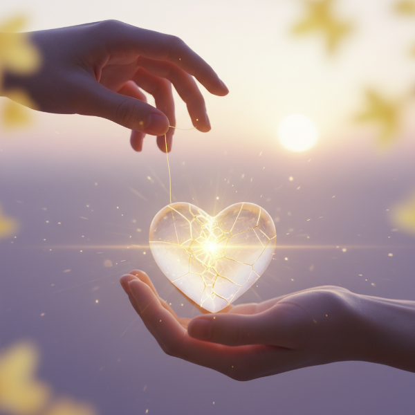 두 손이 깨진 도자기 심장이나 금이 간 빛을 조심스럽게 수리하며 신뢰를 회복하고 재건하는 과정을 부드럽게 나타내는 이미지.