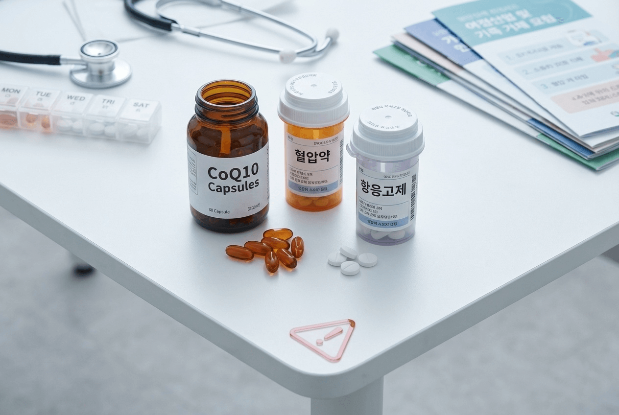 코엔자임Q10 캡슐과 혈압약, 항응고제가 함께 놓인 모습, 약물 상호작용 주의를 시각화