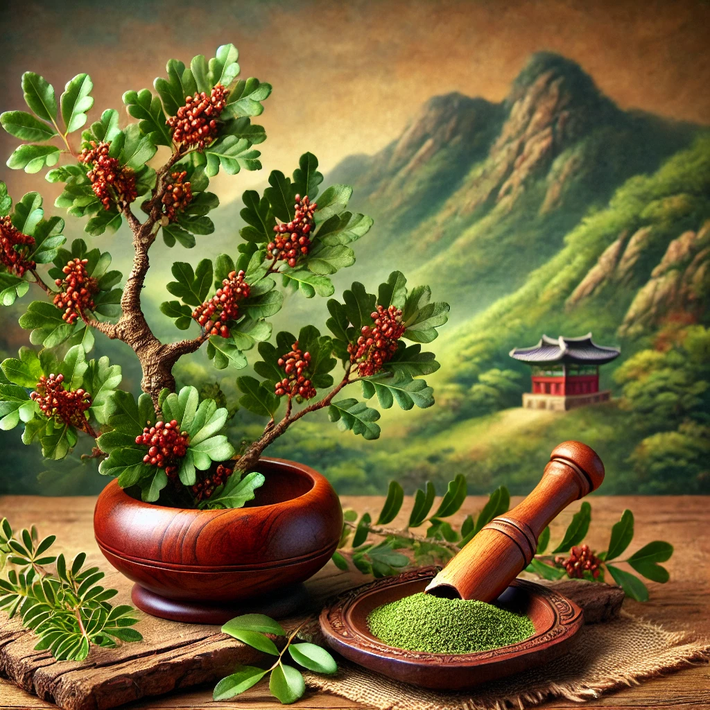 자연 속에서 자라는 전통 한국 약용 식물인 옻나무(Rhus verniciflua)의 모습. 푸른 잎과 붉은 갈색 가지가 특징이며, 배경에는 부드럽게 흐려진 한국의 산악 풍경이 펼쳐져 있다. 또한, 작은 나무 절구와 막자가 포함되어 있어 약재로 활용되는 모습을 상징적으로 표현하고 있다. 전체적으로 차분하고 전통적인 분위기가 강조된 이미지.