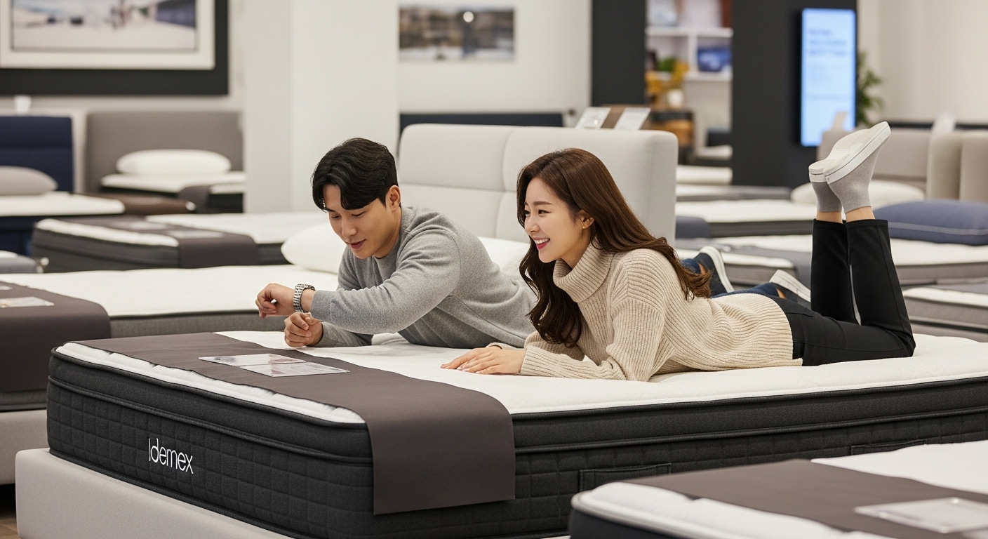 매트리스 매장에서 직접 누워보며 체험하는 한국인 커플의 모습
