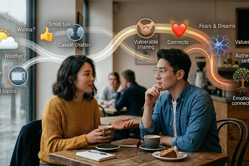 카페에서 남녀가 마주 보고 깊이있는 대화를 하는 장면