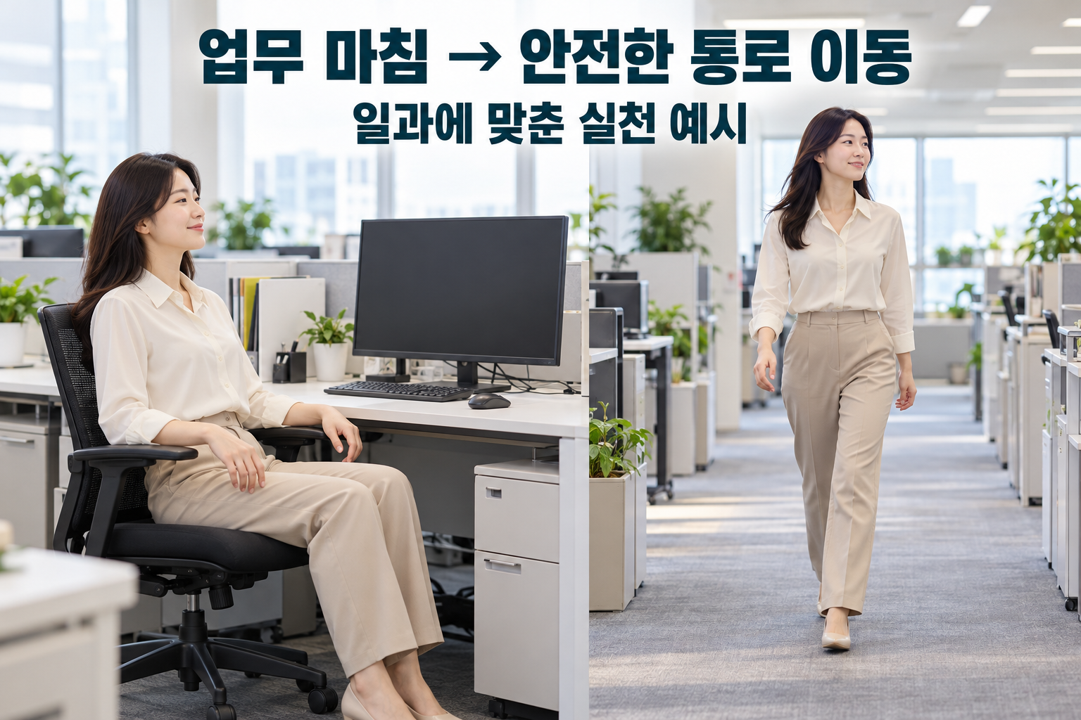 파일 전송을 마친 직장인이 의자에서 일어나 통로로 향하는 연속 장면