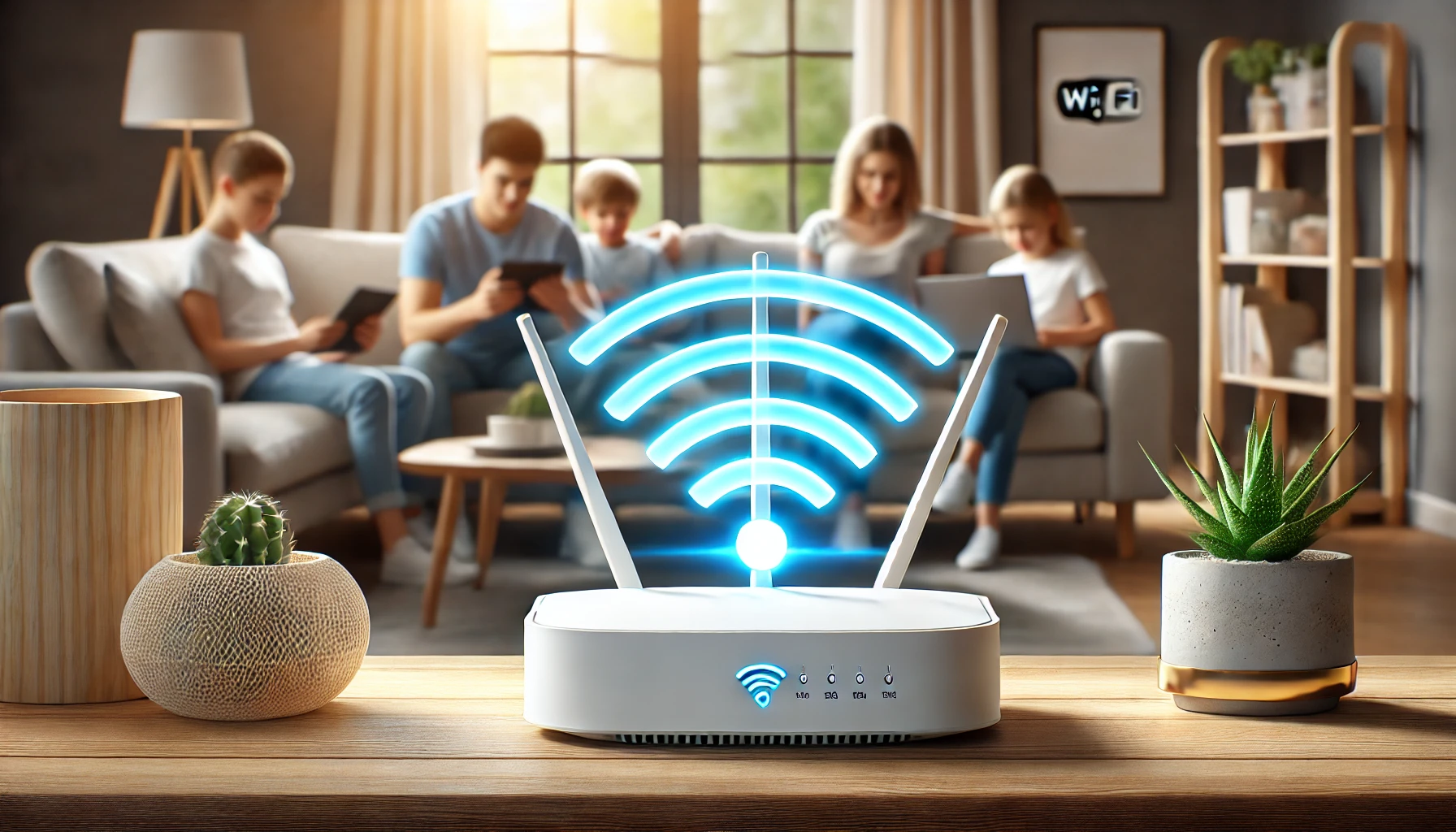 공유기 최적 위치 설정 &ndash; 거실 중앙에 배치된 와이파이 공유기와 안정적인 신호를 받는 가족 모습