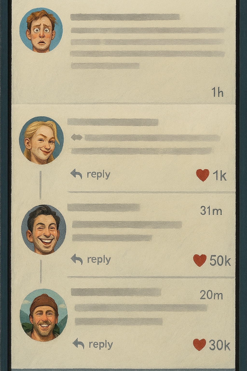 SNS의 반응 구조를 세로로 길게 표현한 반사실적 일러스트