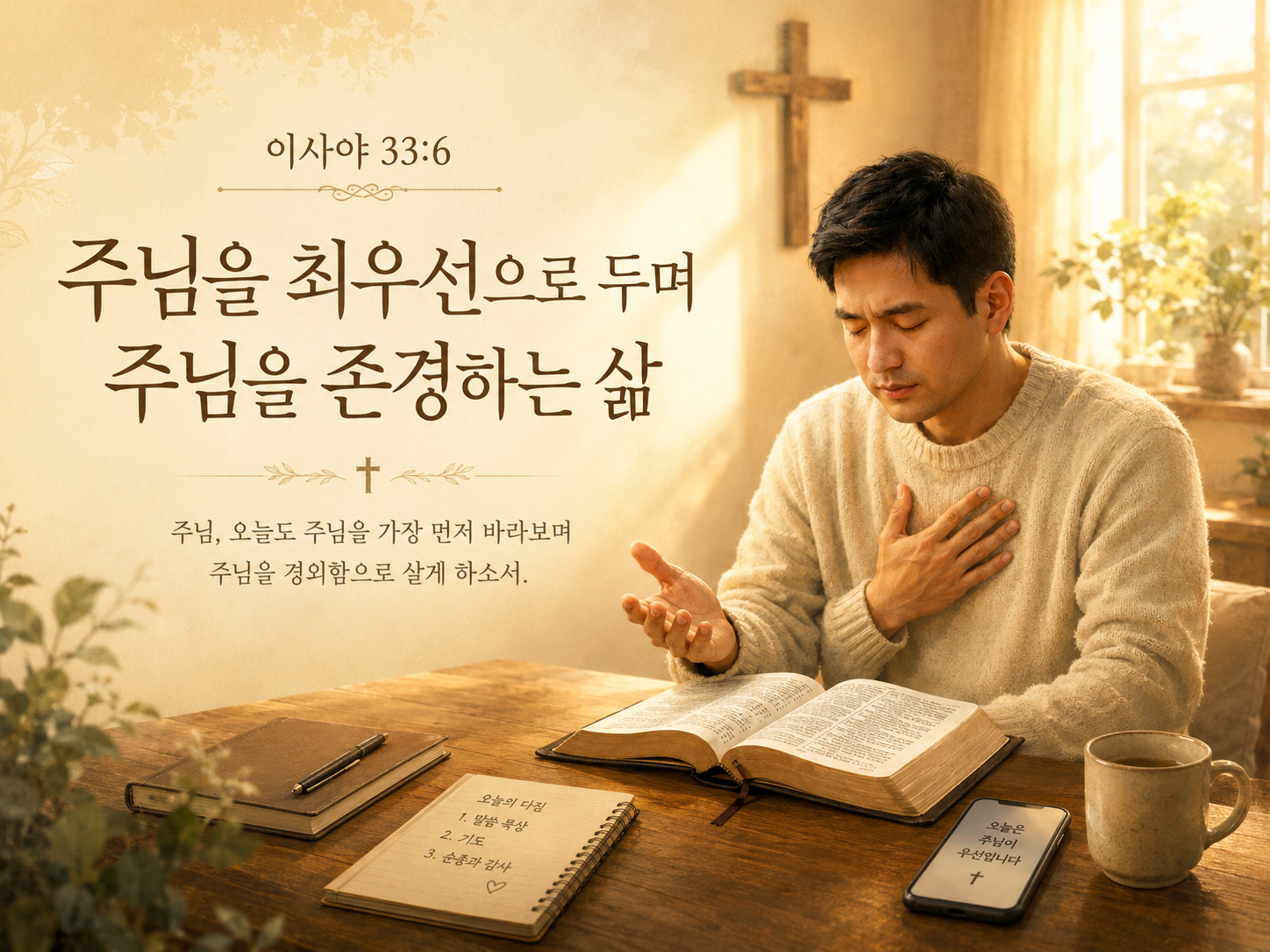 이사야 33:6 말씀에서 주님을 존경하는 삶을 살아감으로 그에게 있는 구원과 지혜와 지식을 따라 살아가는 자가 되어야 하겠습니다. 오늘도 주님을 최우선으로 두며 주님을 존경하는 삶을 살아가는 모습입니다.