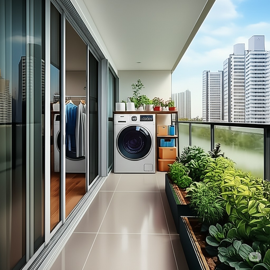 한국식 베란다를 세탁실, 텃밭, 창고로 활용하는 3in1 공간 정리 팁을 소개하는 인포그래픽