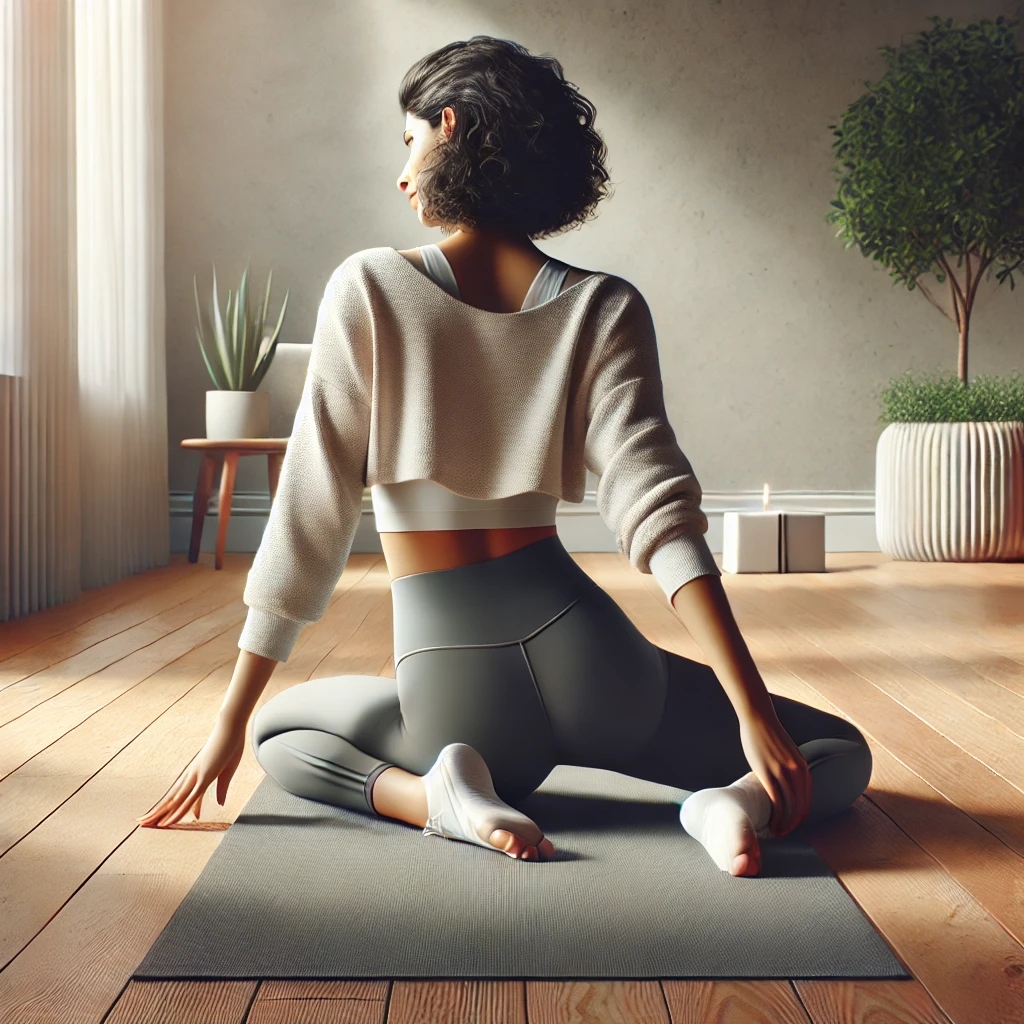 요가 매트 위에서 허리 스트레칭을 하고 있는 여성