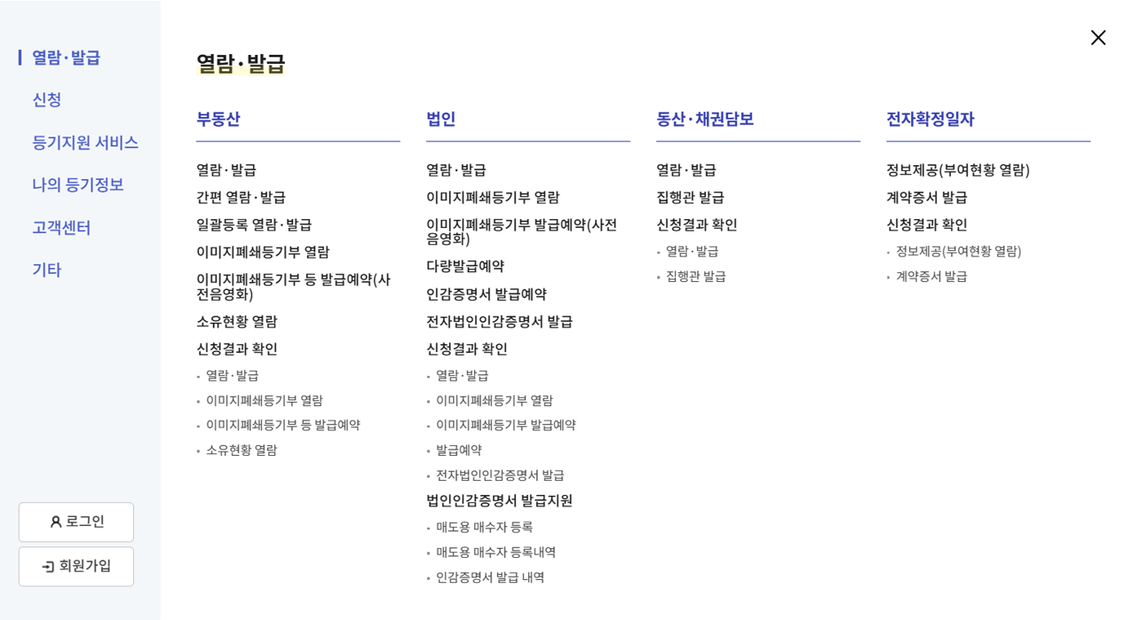 대법원 인터넷등기소 - 전체 서비스
