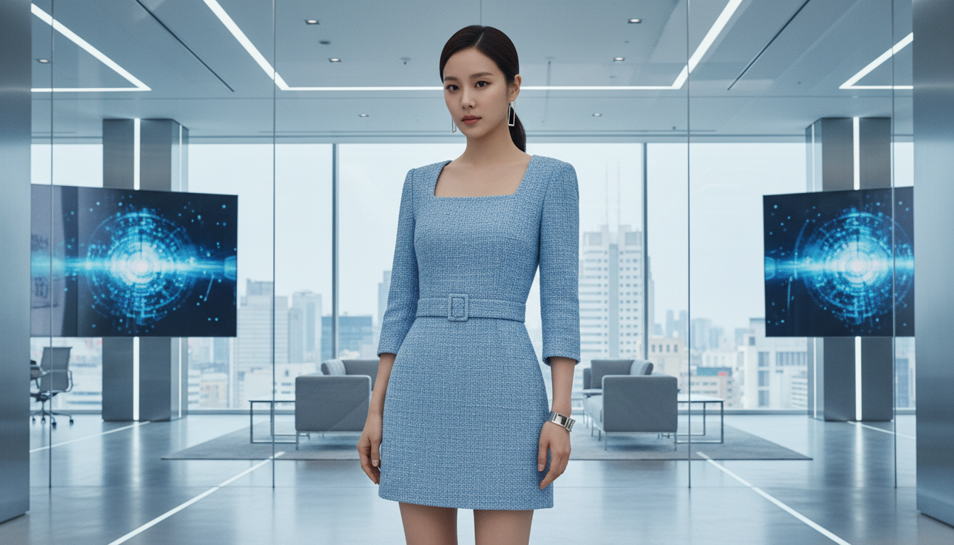 드라마 세이렌에서 박민영이 착용한 스카이 블루 트위드 원피스를 입고 모던한 오피스 로비에 서 있는 모습