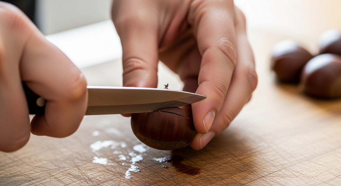 생밤의 밑동에 칼집을 내고 있는 손. 껍질을 쉽게 까기 위한 준비 과정.