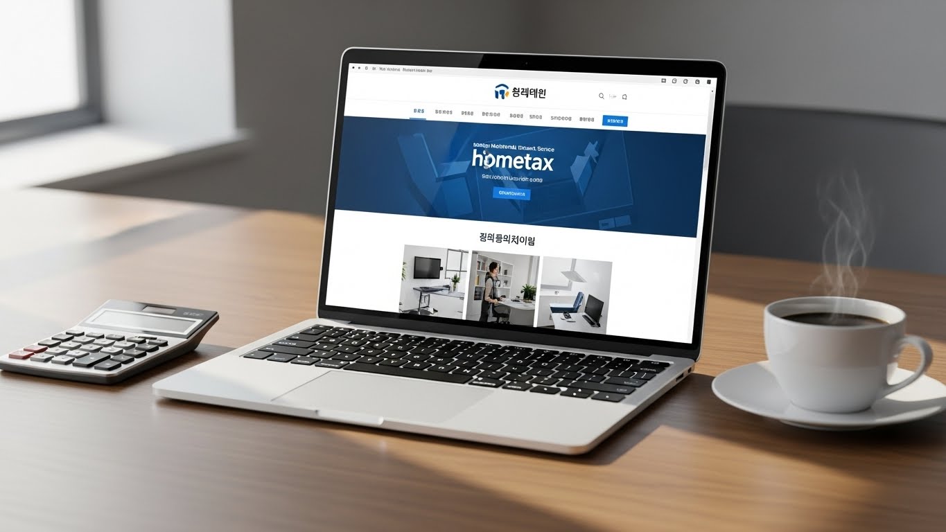 노트북화면에 homtax site 가 나와있고-계산기와커피가있다