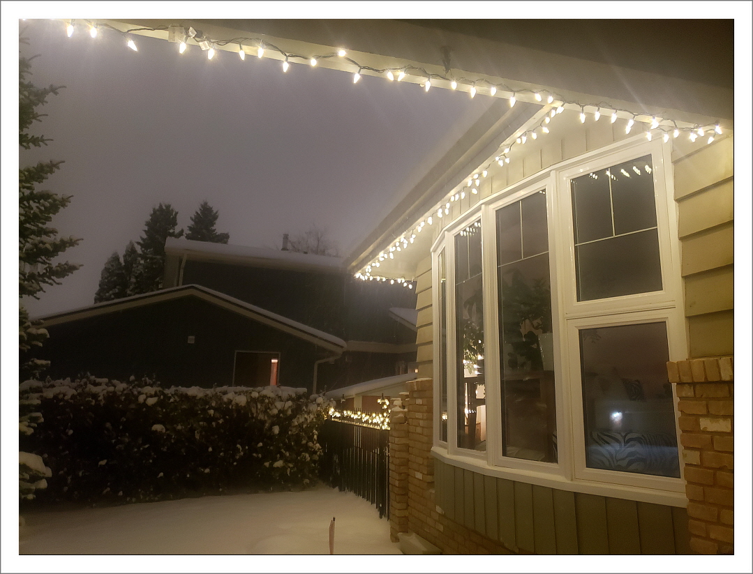 눈 덮인 겨울밤, 한 주택의 처마 밑에 길게 설치된 따뜻한 색의 전구 장식이 켜져 있다. 창문 안에는 은은한 실내 조명이 비치고, 눈으로 덮인 마당과 어둠 속 이웃집이 배경으로 보인다.