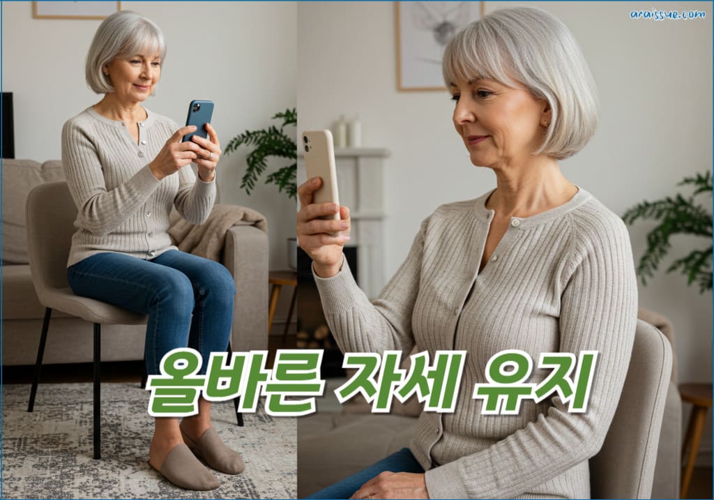 장시간 앉아 있을 때는 허리를 곧게 세우고, 무릎이 엉덩이보다 살짝 높게 위치하도록 의자 높이를 조정해 보세요.