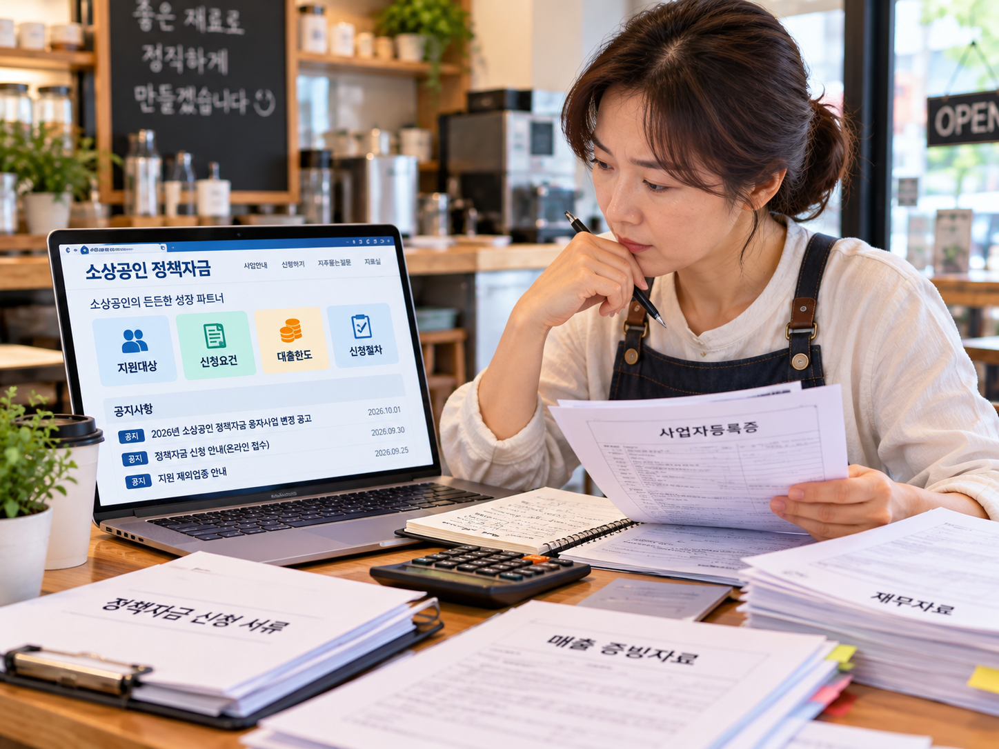 노트북으로 정책자금 신청요건을 확인하고 서류를 준비하는 자영업자의 이미지