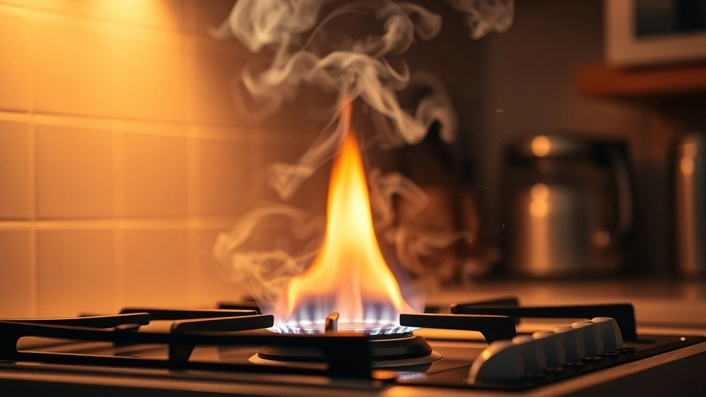 가스레인지 불 위로 연기와 김이 피어오르는 장면