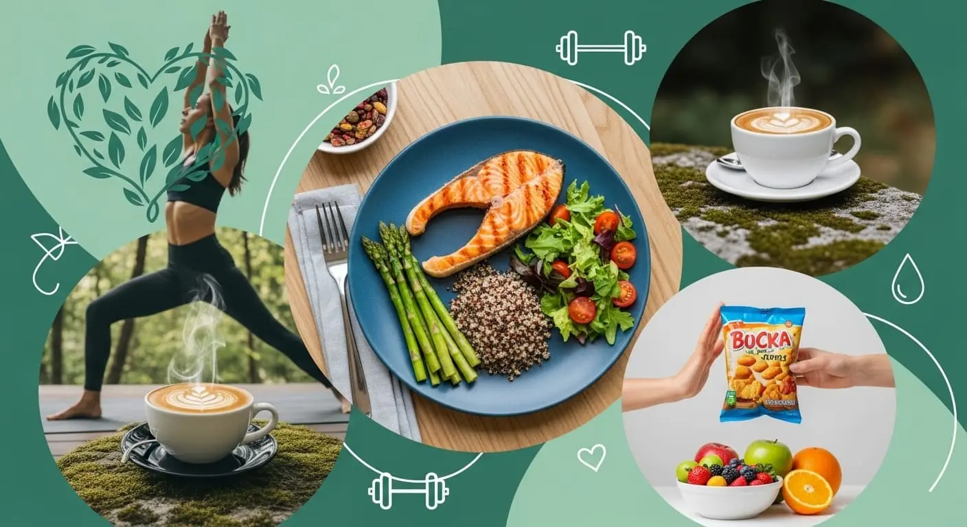 담낭암 예방을 위한 건강한 식단, 규칙적인 운동, 적절한 커피 섭취 등 생활 습관 요소들을 담은 콜라주.