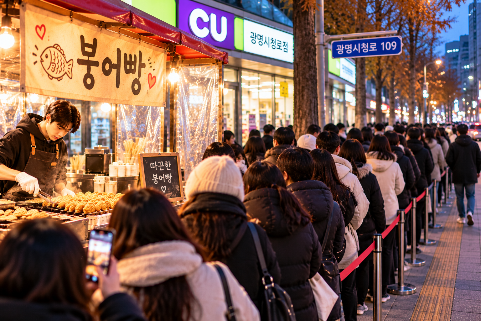 광명 붕은우 붕어빵 노점의 긴 대기시간을 표현한 AI 이미지로, 철산동 CU 광명시청로점 인근에서 붕어빵을 구매하려고 줄 서 있는 손님들의 모습