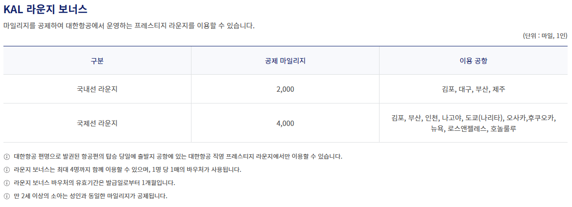 대한항공의 라운지 보너스가 나와 있다.