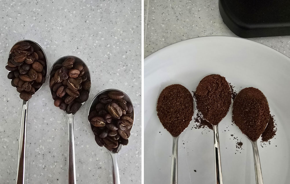 원도 18g 원두 상태 그대로, 그라인더에 갈아서 숟가락에 올려 봤어요.