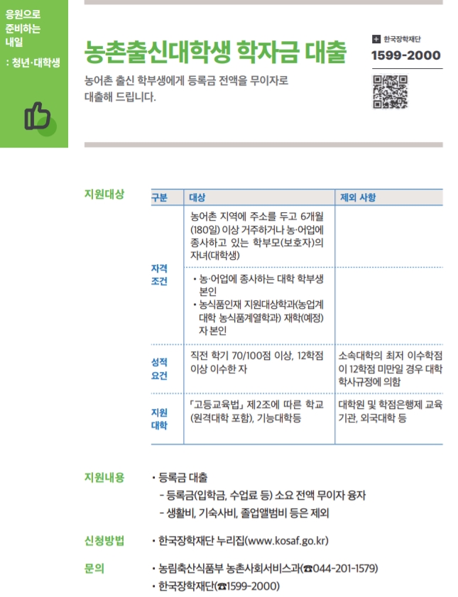 2025 농촌출신대학생 학자금 대출 무이자 지원