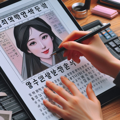 타이포그래피 디자인을 위해 타블렛에서 글자를 조정하는 모습.