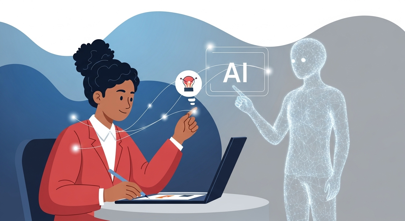 인간과 AI가 협력하여 창의적인 작업을 수행하며, 미래 역량과 윤리적 공존을 상징하는 이미지.