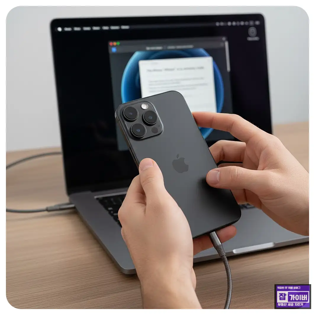 Windows iTunes 또는 macOS Finder에서 아이폰을 인식한 뒤 복원(초기화)하는 화면