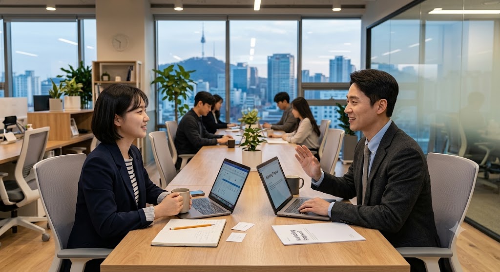 서울 남산타워가 보이는 도심 오피스 안에서 노트북을 사이에 두고 마주 앉아 대화하는 두 명의 남녀 직장인. 남성이 웃는 얼굴로 부드럽게 손짓하며 제안을 거절하고 있고, 여성 또한 편안한 표정으로 경청하고 있는 모습.