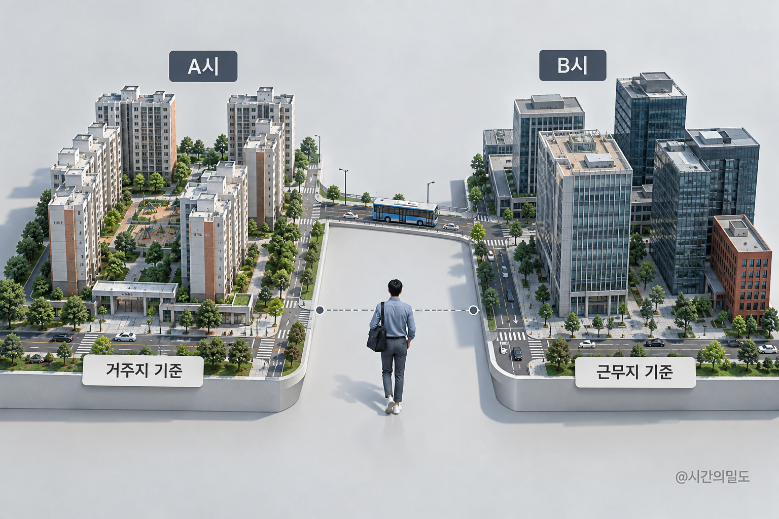 집은 A시이고 직장은 B시인 한 사람을 거주지와 근무지 기준에 다르게 놓은 설명