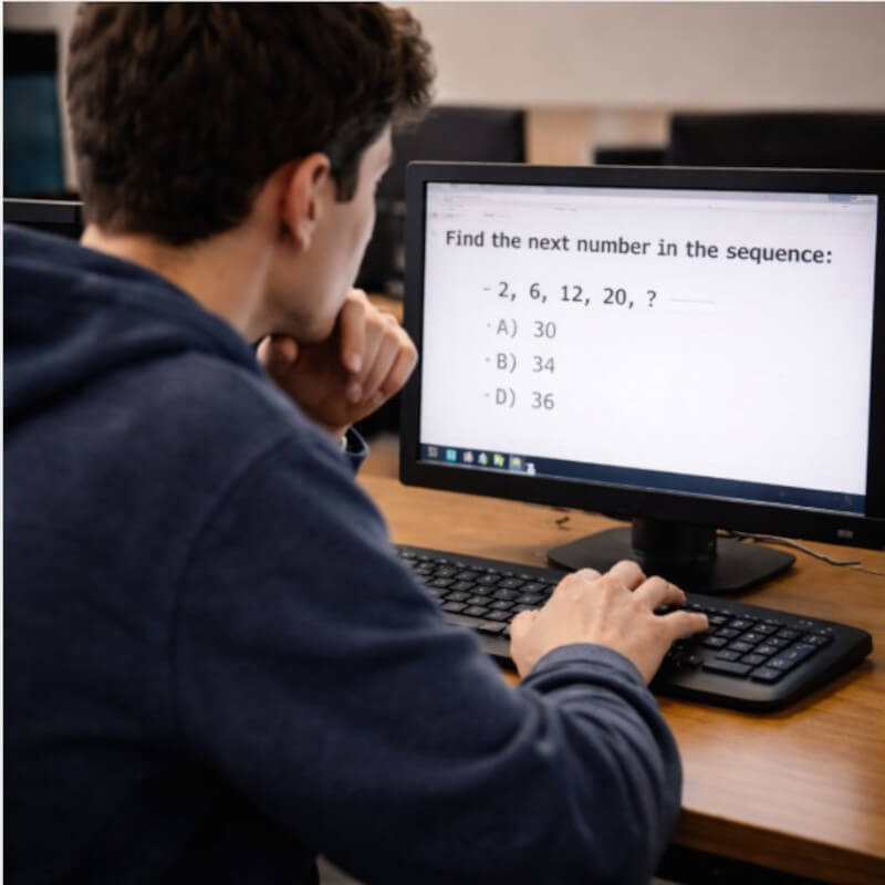 문제를 바라보며 손을 키보드 위에 둔 채 잠깐 멈춰 생각에 잠긴 학생의 순간