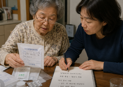 식탁에서 약봉투의 병원명과 조제 날짜를 확인하며 메모하는 두 모녀