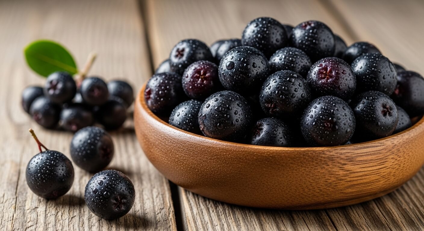 나무 그릇에 담긴 신선한 아로니아 열매가 물방울을 머금은 채 놓여 있는 모습