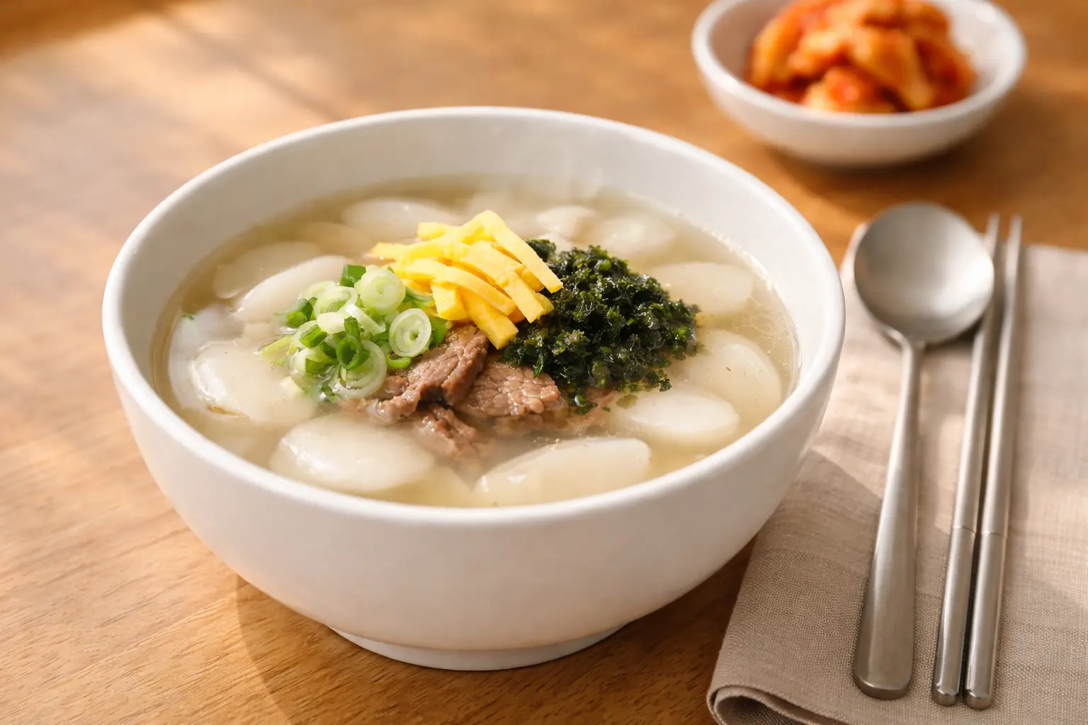 달걀지단과 김가루 고명이 올라간 떡국 서빙 사진