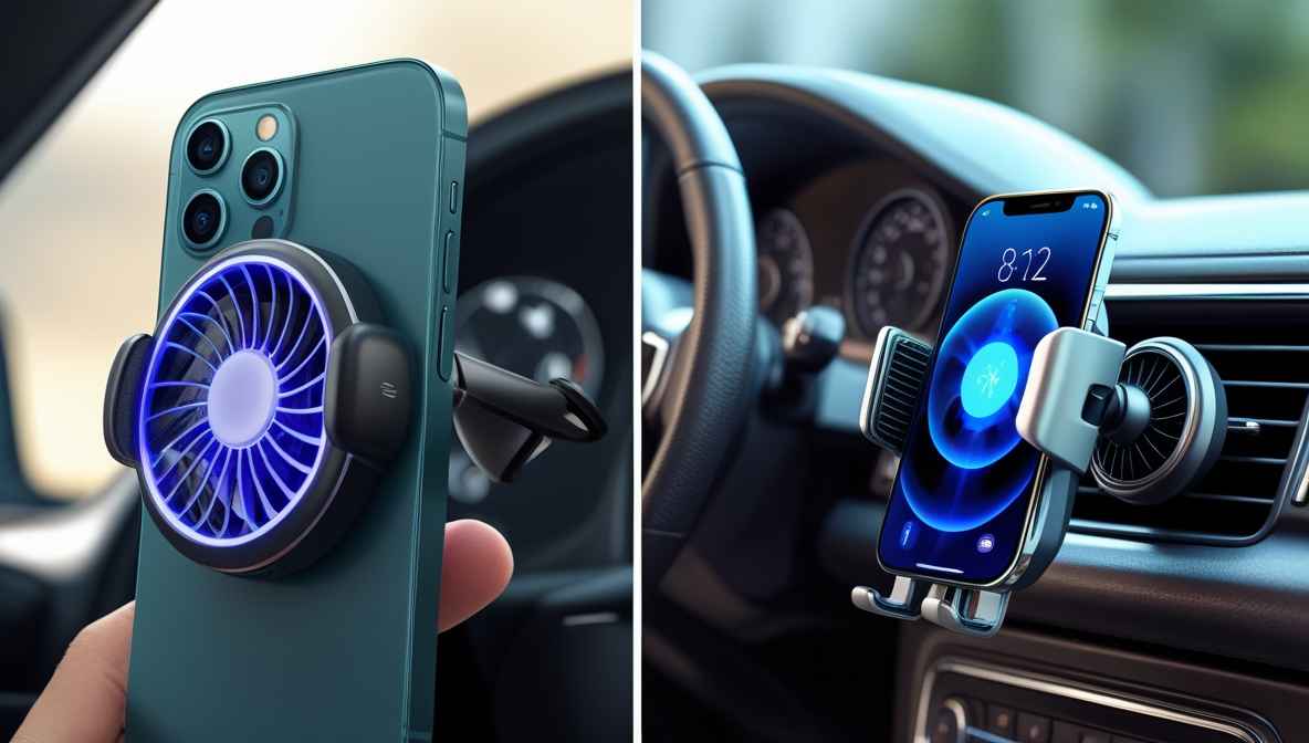 스마트폰 뒷면에 부착된 스마트폰 쿨러와, 차량 송풍구에 설치된 쿨링 거치대 이미지