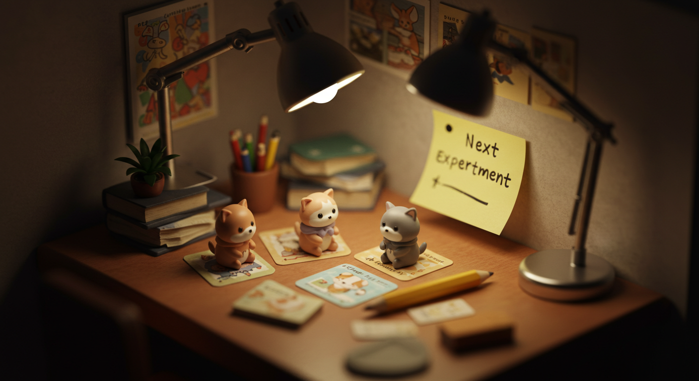 밤 조명 아래 미니어처 반려동물 캐릭터 카드들을 고르고 다음 실험을 메모하는 장면의 틸트쉬프트 이미지