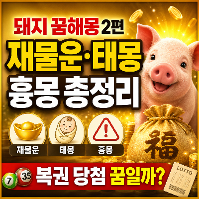 황금빛 배경 위에 웃는 돼지와 복주머니가 있는 일러스트. 가운데에 '돼지 꿈해몽 2편'과 '재물운&middot;태몽&middot;흉몽 총정리'라는 문구가 크게 배치되어 있으며, 하단에는 '복권 당첨 꿈일까?'라는 문구와 재물운, 태몽, 흉몽을 상징하는 아이콘이 함께 있는 1:1 썸네일 이미지입니다.