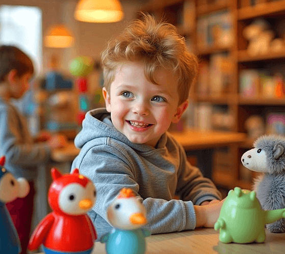백인 남자 아이가 의자에 앉아 옆을 보면서 해맑게 웃고 있다. 주변엔 책장과 인형들이 있다.