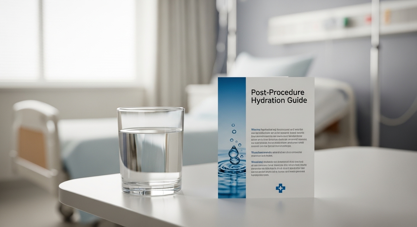 복부 CT 검사 후 조영제 배출을 위해 물을 마시는 중요성을 상징하는 물 한 잔