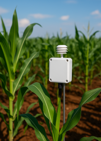 옥수수밭에 설치된 환경 센서가 작물 생육 상태를 모니터링하는 모습