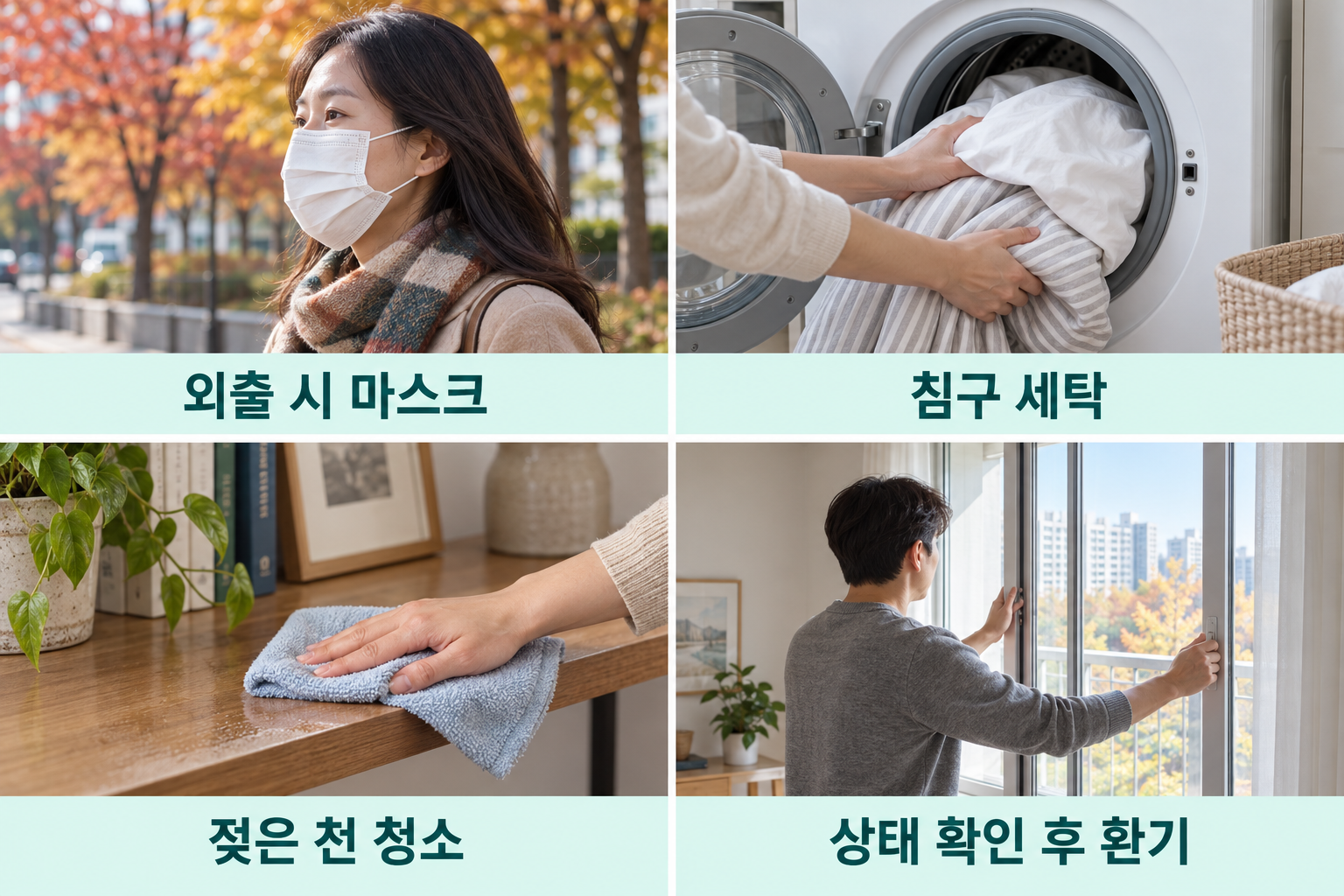 마스크로 코와 입을 덮은 외출, 침구 세탁, 젖은 천으로 닦기, 바깥 상태를 확인한 환기를 보여주는 네 장면