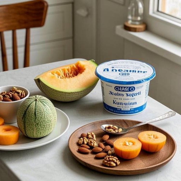 싱싱한 참외와 요거트, 견과류가 함께 놓인 건강한 여름 식탁 풍경. 자연광이 들어오는 밝은 주방에서 참외를 반으로 자른 모습과 함께 그릭 요거트, 아몬드, 호두 등이 예쁘게 배치된 모습. 상큼하고 건강한 느낌의 라이프스타일 이미지