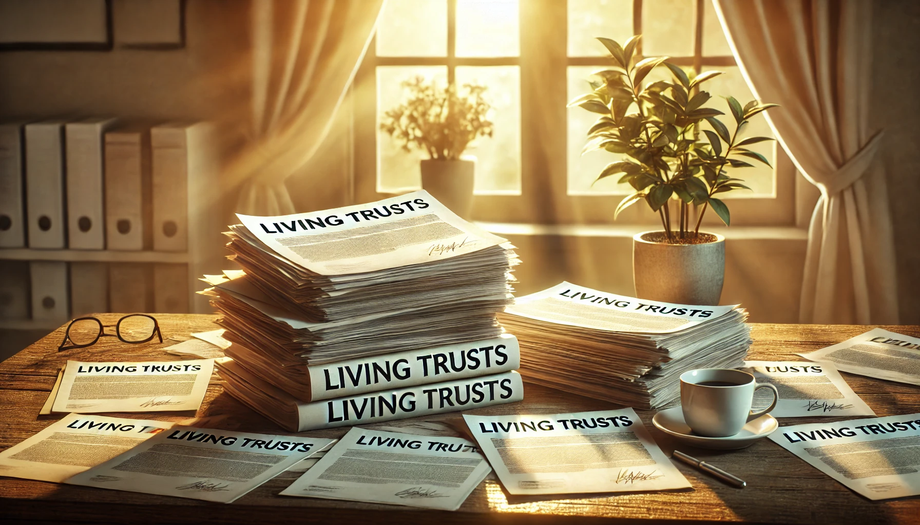 유언대용신탁 관련 서류들이 쌓여있는 책상 위에 햇빛이 비추는 모습 (따뜻한 색감, 희망적인 분위기)